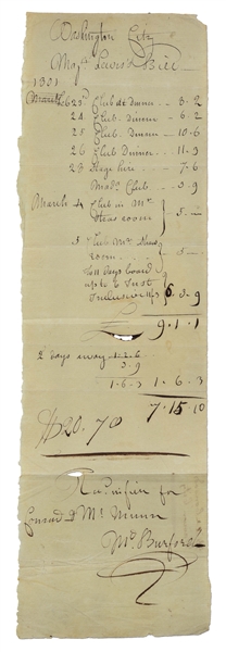 MAJOR GEORGE LEWISS CLUB RECEIPT IN WASHINGTON, DC DURING JEFFERSONS INAUGURATION, 1801.