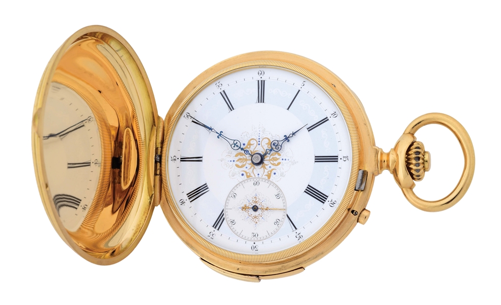 18K GOLD ELEGRAND A GENEVE, SWISS QUARTER REPEATING H/C POCKET WATCH W/FANCY DIAL AND ENAMELED MONOGRAM.