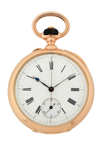 18K PINK GOLD BREGUET FRENCH CHRONOGRAPH O/F POCKET WATCH.