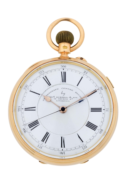 18K GOLD THOMAS RUSSELL & SON, LIVERPOOL, CHRONOGRAPH CENTRE SECONDS O/F POCKET WATCH.