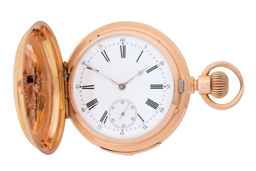 18K PINK GOLD B. HAAS JEUNE & CO. DOUBLE DIAL QUARTER-HOUR REPEATING H/C POCKET WATCH W/SKELETON CALENDAR.