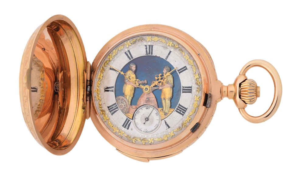 18K PINK GOLD C. J. & A. PERRENOUD & CO. AUTOMATON MINUTE REPEATING H/C POCKET WATCH, CIRCA 1890.