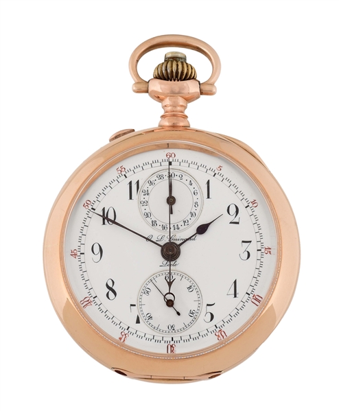 14K PINK GOLD C.L. GUINAND SWISS SPLIT-SECOND RATTRAPANTE CHRONOGRAPH O/F POCKET WATCH.