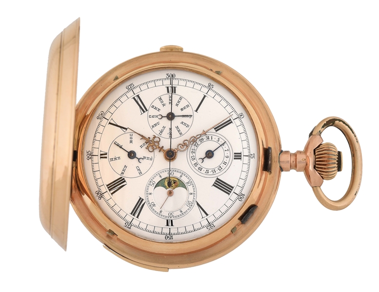 18K GOLD SWISS GRAND COMPLICATIONS, QUARTER REPEATING TRIPLE-DATE CALENDAR CHRONOGRAPH H/C POCKET WATCH W/MOONPHASES.