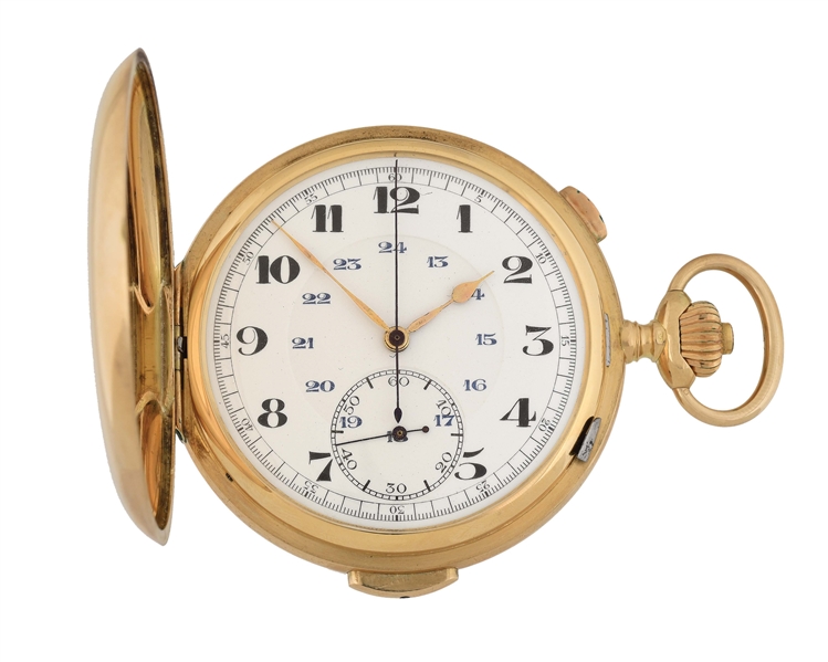 18K GOLD SWISS QUARTER REPEATING CHRONOGRAPH H/C POCKET WATCH W/24 HOUR DIAL.