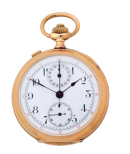 14K GOLD SWISS MADE SPLIT-SECOND RATTRAPANTE CHRONOGRAPH O/F POCKET WATCH.