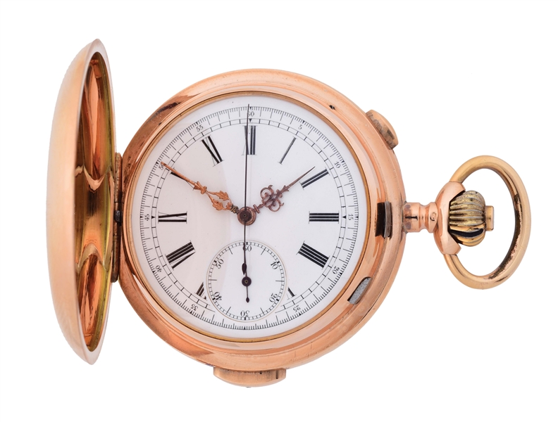 14K PINK GOLD SWISS MINUTE REPEATING CHRONOGRAPH H/C POCKET WATCH, CIRCA 1880S.