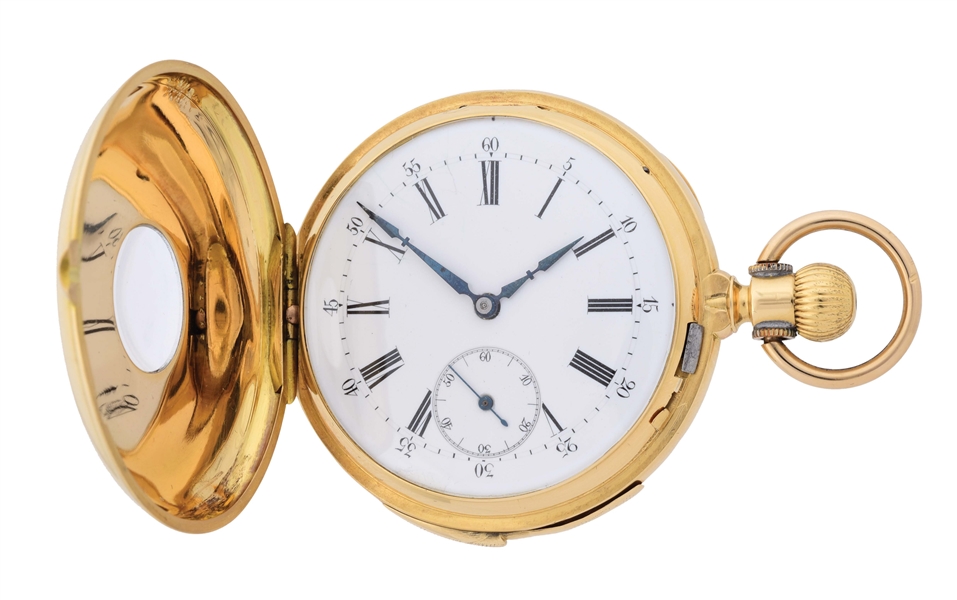 18K GOLD A. BRETING & CO., LOCLE, SWISS FIVE-MINUTE REPEATING DEMI-HUNTER CASE POCKET WATCH, CIRCA 1890.