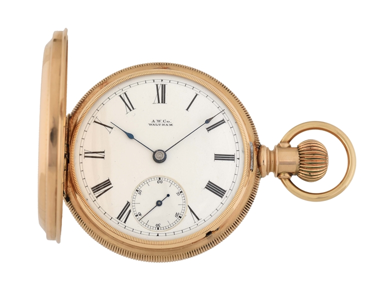 14K YELLOW GOLD AMERICAN WALTHAM P.S. BARTLETT H/C POCKET WATCH WITH STAG, CIRCA 1885.