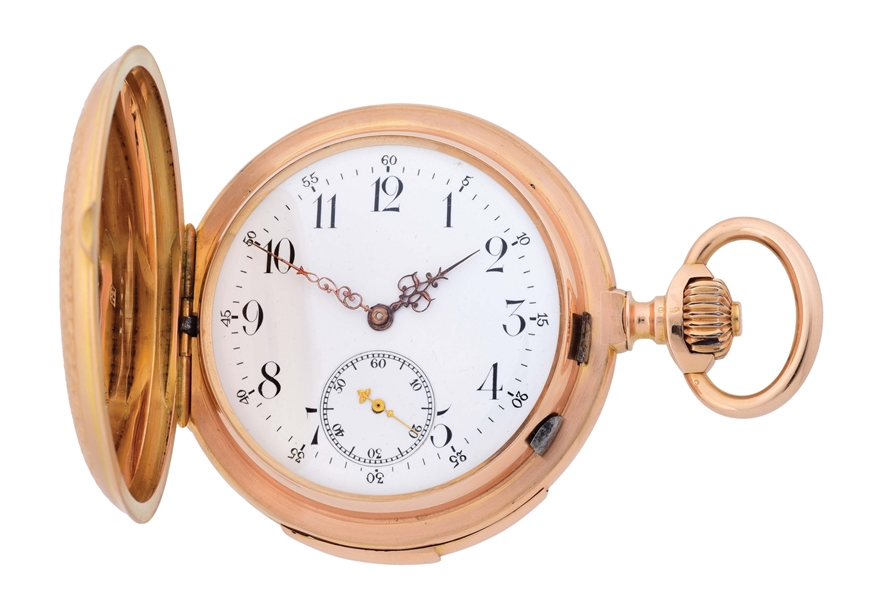 18K PINK GOLD HAAS NEVEUX & CO. MINUTE REPEATING H/C POCKET WATCH W/ENAMELED MONOGRAM. 
