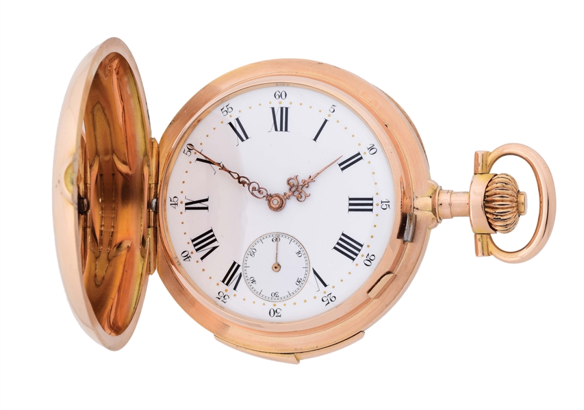 18K PINK GOLD SWISS HIGH GRADE MINUTE REPEATING H/C POCKET WATCH, CIRCA 1890S.