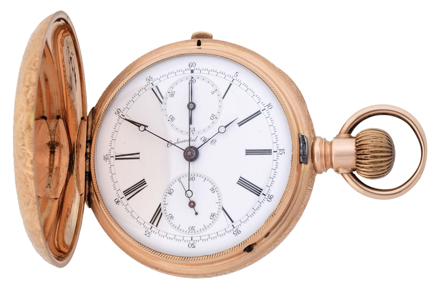 14K PINK GOLD CONTINENTAL W.C. SWISS CHRONOGRAPH HEAVY H/C POCKET WATCH BY GALLET.