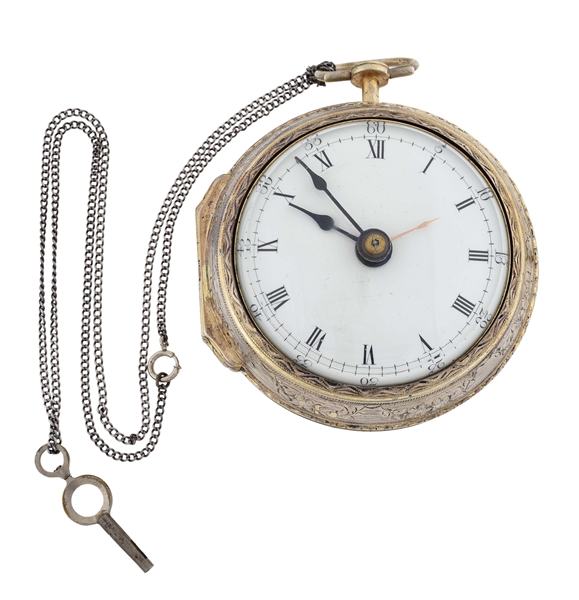 MASSIVE STERLING SILVER PETER DEBAUFRE, LONDON, DOUBLE PAIR-CASE VERGE FUSEE O/F CENTER SECONDS CHRONOGRAPH POCKET WATCH W/KEY, CIRCA 1781.