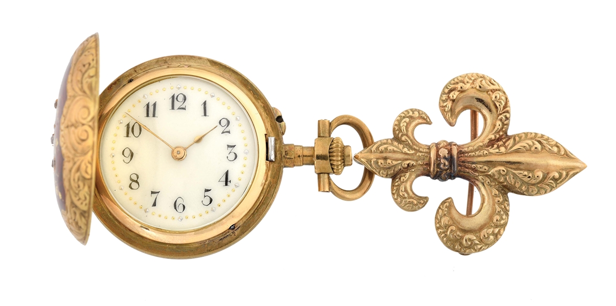 18K GOLD LE COULTRE LADIES RED GUILLOCHE ENAMELED BROOCH/PENDANT WATCH W/ROSE-CUT DIAMONDS.