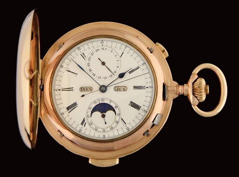 14K PINK GOLD SWISS MINUTE REPEATING TRIPLE-DATE CALENDAR H/C POCKET WATCH WITH MOONPHASES.