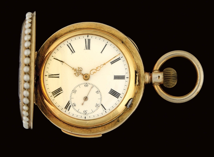 SILVER-GILT SCHWOB FRERES & CO, MINUTE REPEATER WITH ENAMELED PORTRAITS & PEARLS H/C POCKET WATCH.
