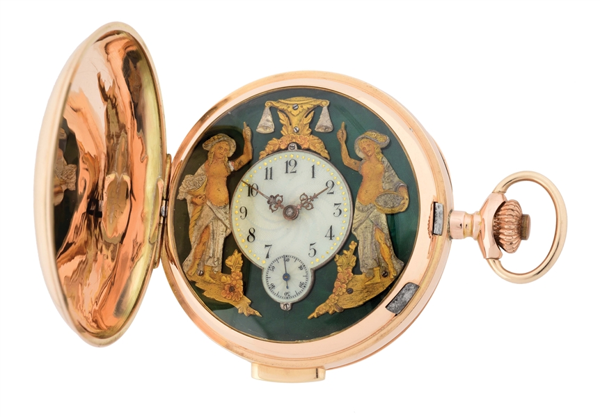 14K PINK GOLD JOYERIA, SWISS, PRIVATE LABEL FOR MANUEL MOTA, SANTIAGO, AUTOMATON MINUTE REPEATING H/C POCKET WATCH W/GUILLOCHE ENAMELING.