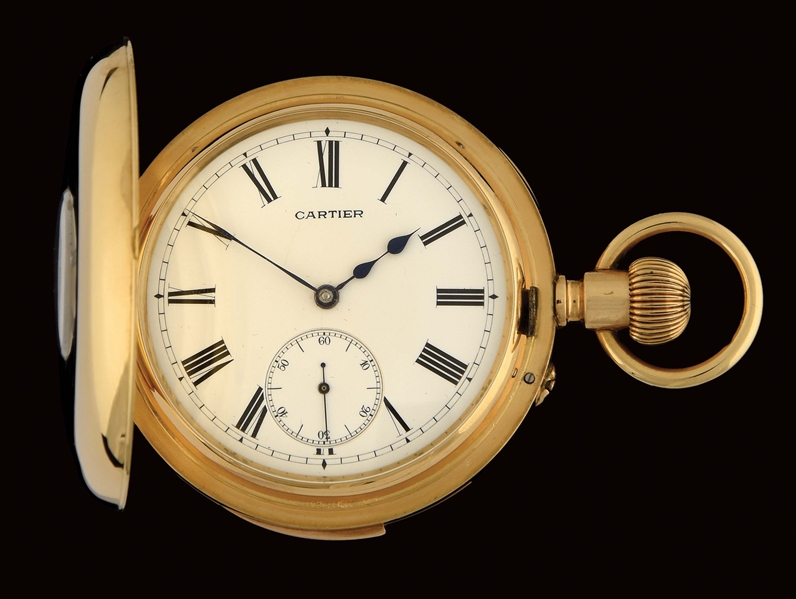 18K GOLD CARTIER MINUTE REPEATER HALF H/C POCKET WATCH.
