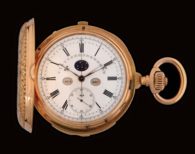 18K PINK GOLD M. LECOULTRE GRAND COMPLICATION MINUTE REPEATING PERPETUAL CALENDAR H/C POCKET WATCH W/RETROGRADE DATE, CHRONOGRAPH & MOONPHASES.
