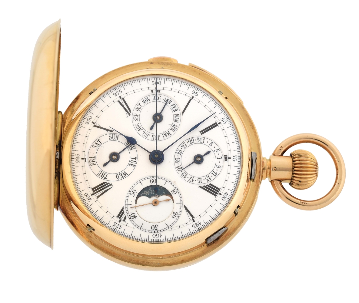 18K GOLD A. LUGRIN, SWISS GRAND COMPLICATIONS, MINUTE REPEATING TRIPLE-DATE CALENDAR CHRONOGRAPH H/C POCKET WATCH W/MOON PHASES.