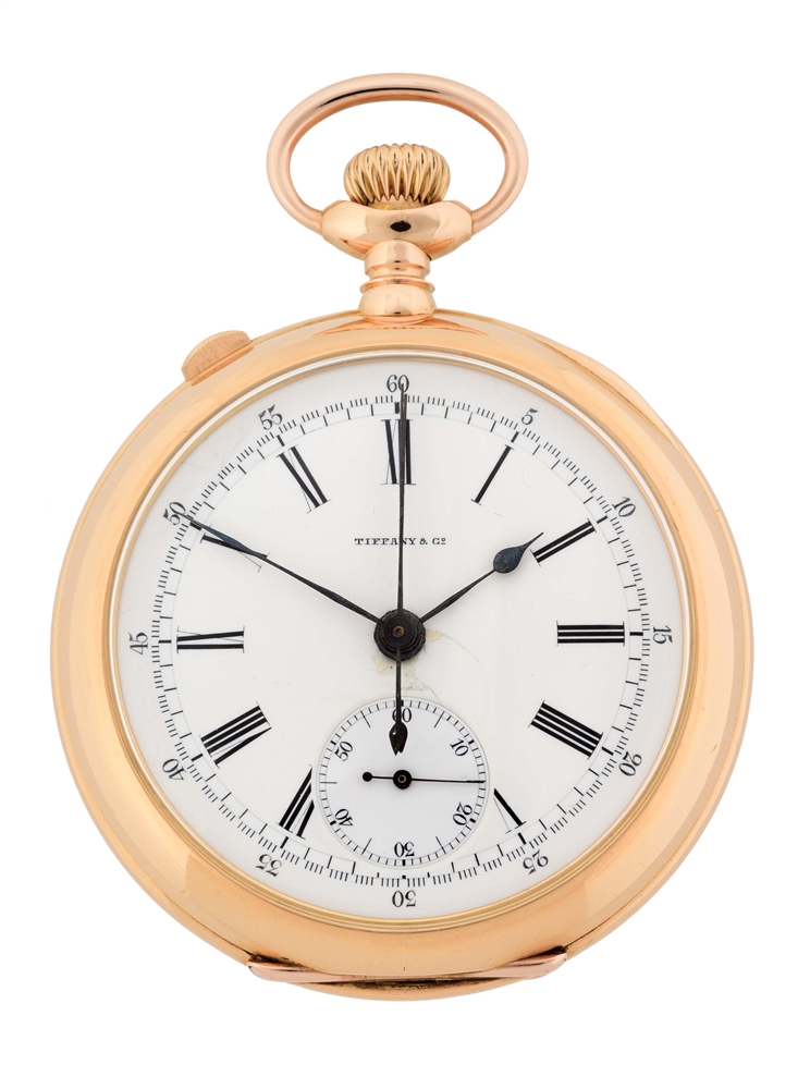 18K PINK GOLD PATEK PHILIPPE (ATTR.) FOR TIFFANY & CO, SPLIT-SECOND RATTRAPANTE CHRONOGRAPH O/F POCKET WATCH.