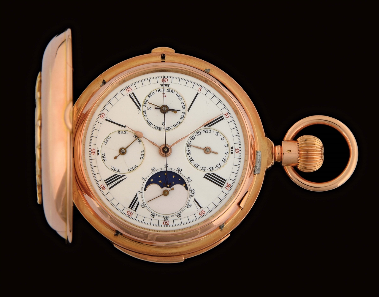18K PINK GOLD H. REDARD GRAND COMPLICATIONS MINUTE REPEATING H/C POCKET WATCH W/LEAP YEAR CALENDAR & MOON PHASES