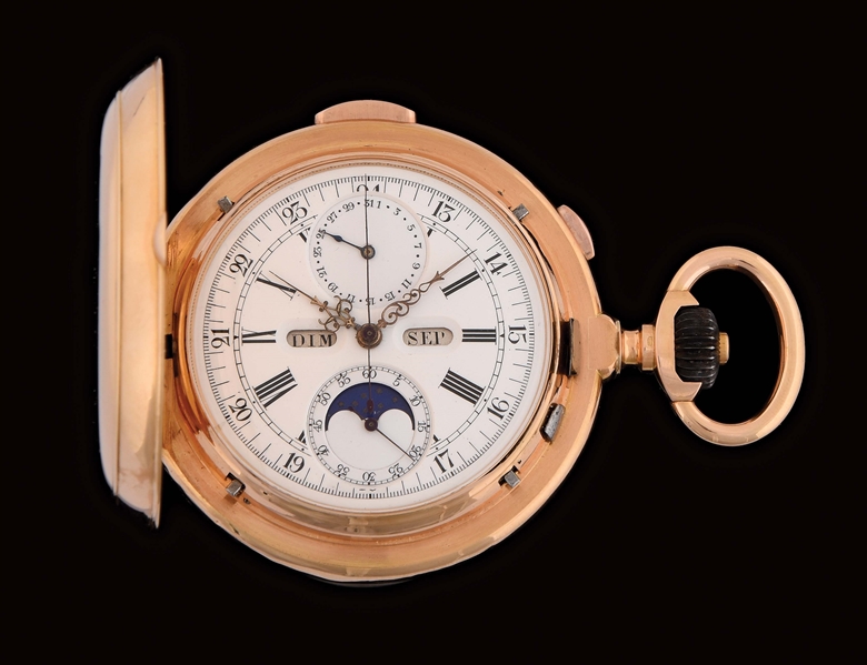 18K PINK GOLD LE PHARE GRAND COMPLICATIONS MINUTE REPEATING H/C POCKET WATCH W/MOON PHASES.