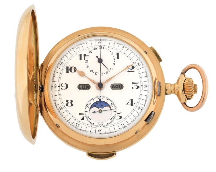 18K GOLD SWISS GRAND COMPLICATIONS QUARTER REPEATING TRIPLE DATE CALENDAR CHRONOGRAPH H/C POCKET WATCH W/MOON PHASES.