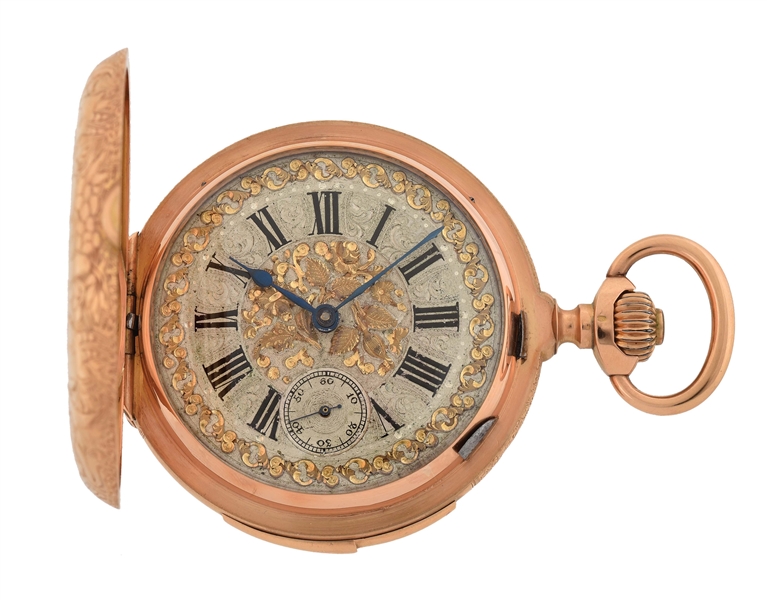 18K PINK GOLD PERRENOUD & CO. MINUTE REPEATING H/C POCKET WATCH W/SILVERED GILT DIAL, CIRCA 1890.