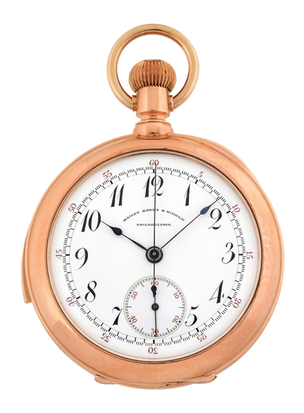 18K PINK GOLD BAILEY BANKS & BIDDLE, PHILADELPHIA, PRIVATE LABEL, SWISS MINUTE REPEATING CHRONOGRAPH O/F POCKET WATCH, CIRCA 1900.