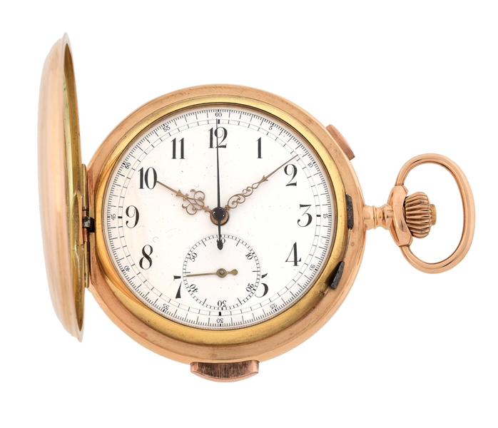 14K PINK GOLD MOULINET SWISS MINUTE REPEATING CHRONOGRAPH H/C POCKET WATCH.