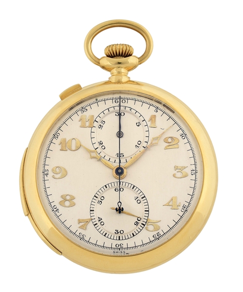 18K GOLD AUDEMARS PIGUET & CO., MINUTE REPEATING SPLIT-SECOND RATTRAPANTE CHRONOGRAPH O/F POCKET WATCH.