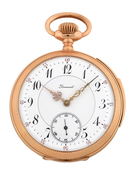 14K GOLD DUNAND SWISS QUARTER REPEATING O/F POCKET WATCH.