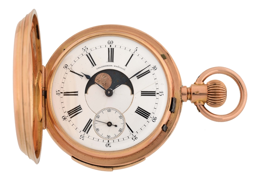 18K PINK GOLD FRENCH QUARTER REPEATER DOUBLE DIAL CALENDAR H/C POCKET WATCH W/MOON PHASES.