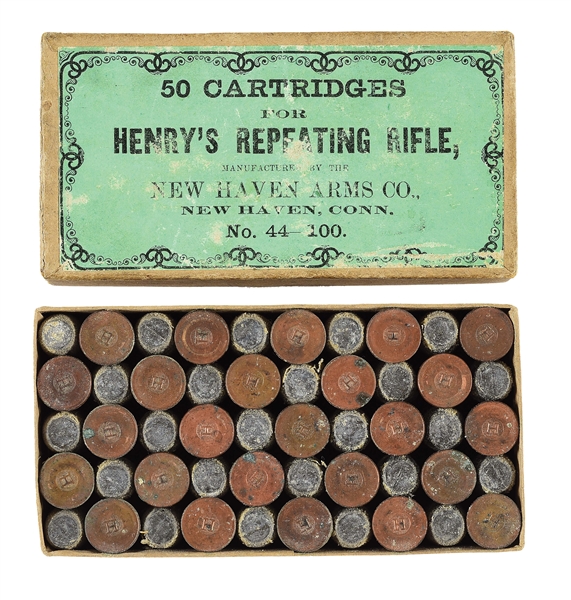 RARE BOX OF NEW HAVEN ARMS CO. .44-100 RIMFIRE CARTRIDGES.