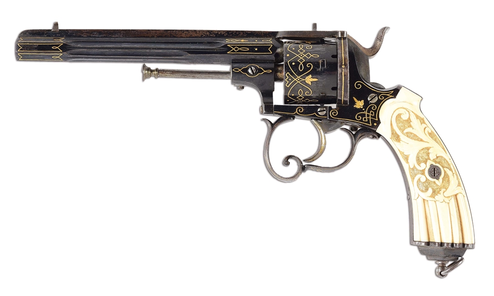 (A) STUNNING FRENCH 9MM PINFIRE REVOLVER WITH GOLD WIRE INLAY.
