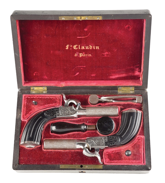 (A) CASED PAIR OF BELGIAN BOXLOCK PERCUSSION PISTOLS, RETAILED BY CLAUDIN.
