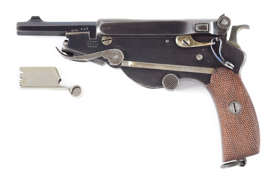 (A) SCHILLING PRODUCED BERGMAN MODEL 1896 NO. 2 FOLDING TRIGGER REPEATING PISTOL WITH HOLSTER.