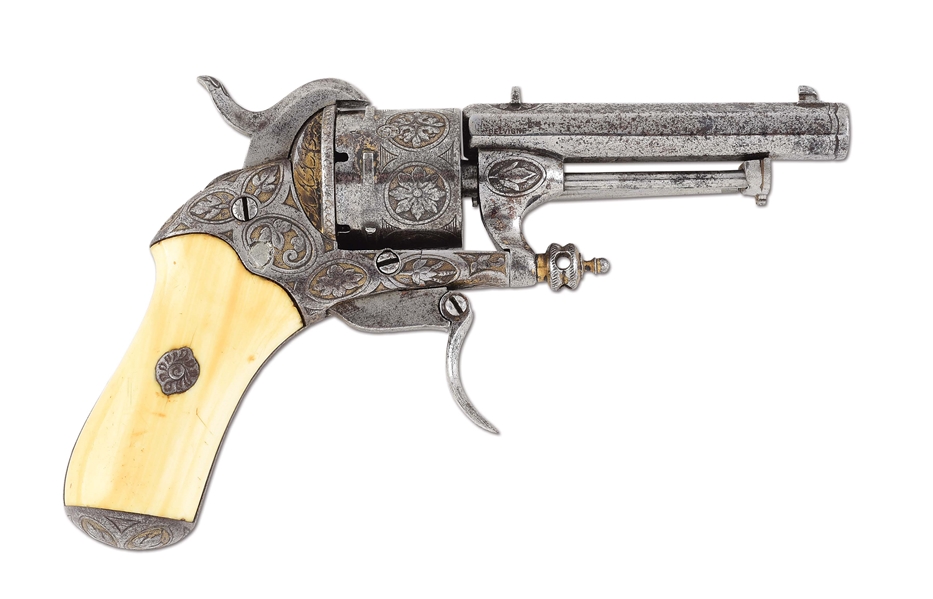 (A) DELVIGNE 8MM PINFIRE REVOLVER WITH CASE.