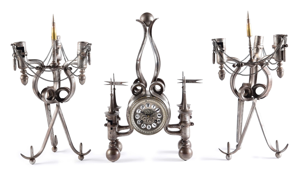 AMAZING FRENCH MILITARY ARMS CANDELABRA AND SHELL ART