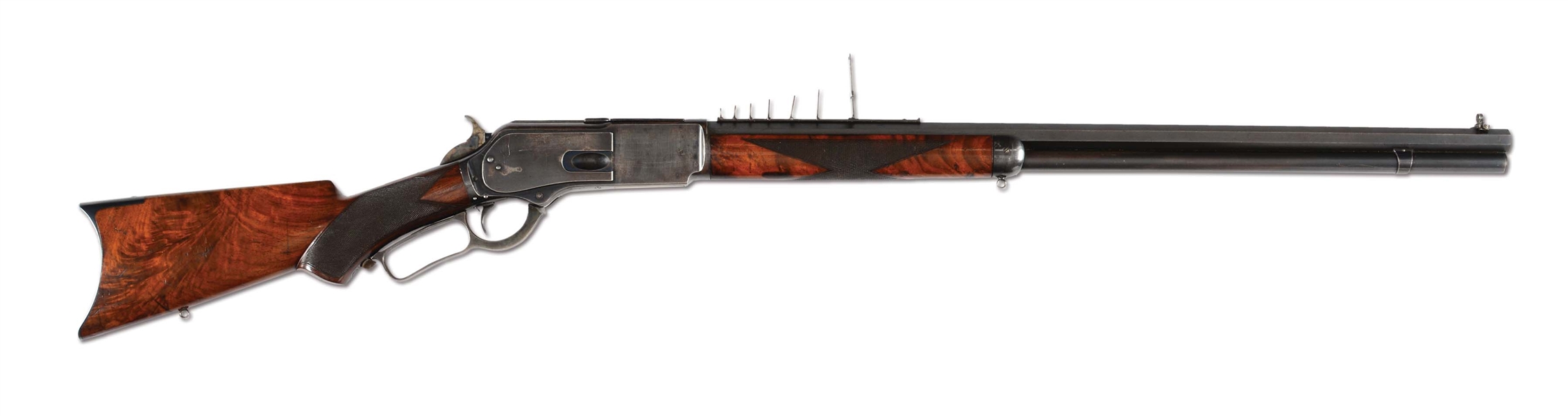 (A) DELUXE MODEL WINCHESTER 1876 WITH RARE SEVEN LEAF BARREL SIGHT AND WIND GAUGE FRONT SIGHT