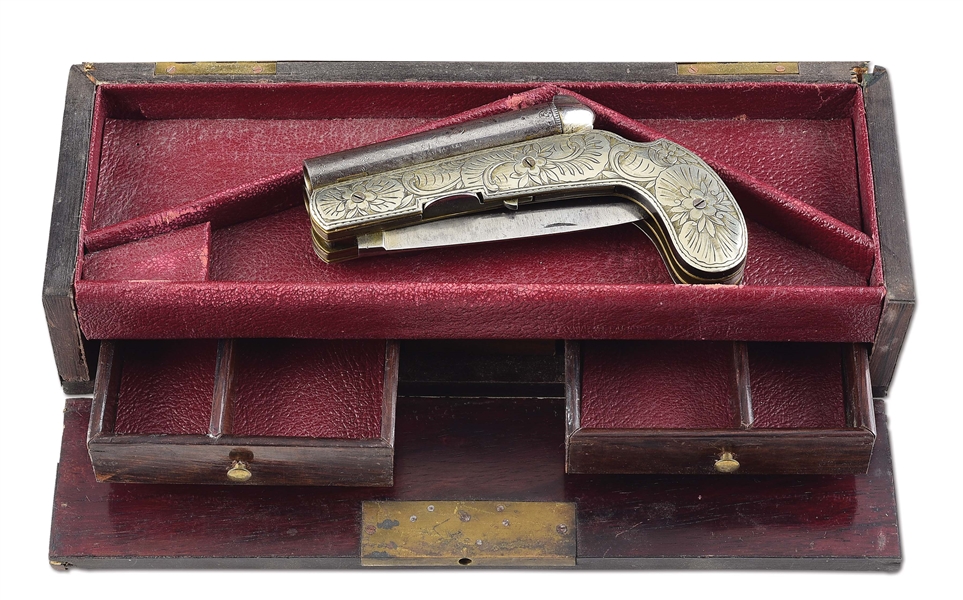 (A) ELABORATE .36 CALIBER DOUBLE BARRELED KNIFE PISTOL WITH CASE.