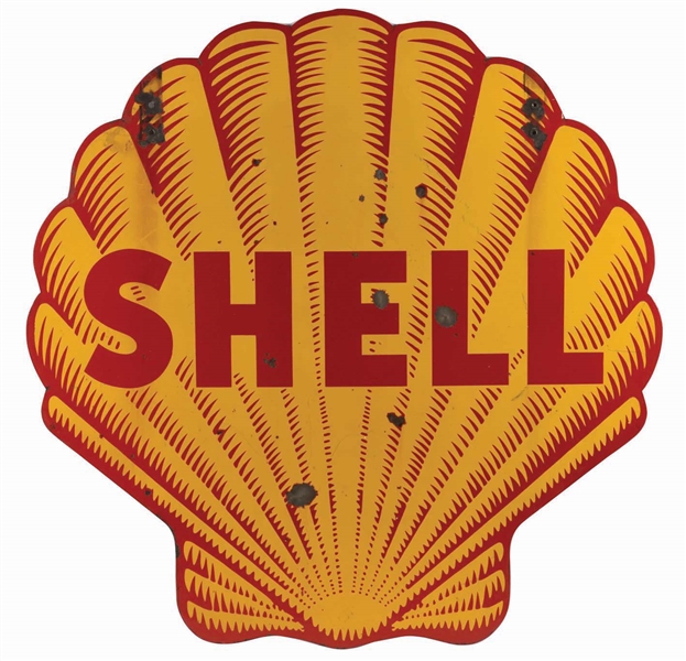 SHELL GASOLINE DIE-CUT PORCELAIN CLAMSHELL SERVICE STATION SIGN.