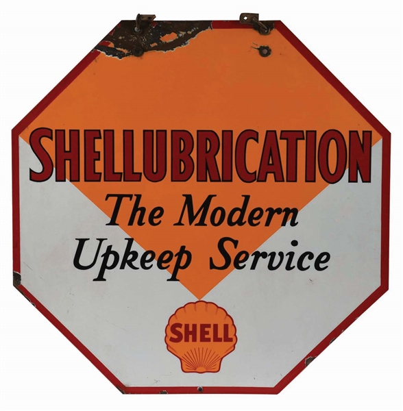 SHELL SHELLUBRICATION OCTAGON SHAPED PORCELAIN SERVICE STATION SIGN.