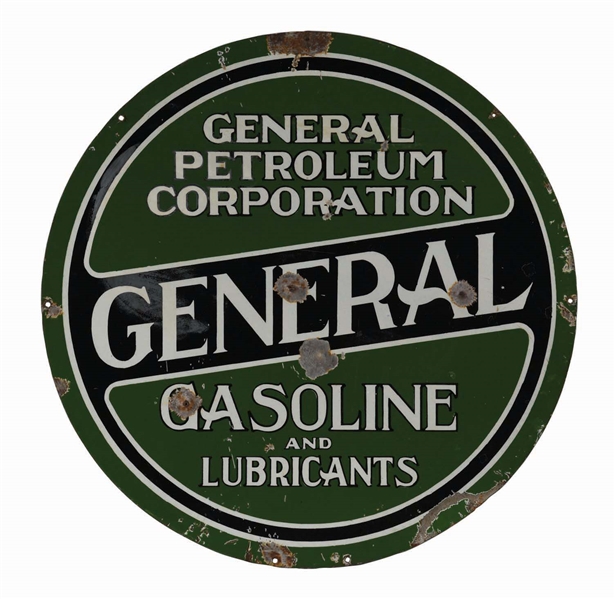 EARLY GENERAL PETROLEUM GASOLINE & LUBRICANTS PORCELAIN CURB SIGN.