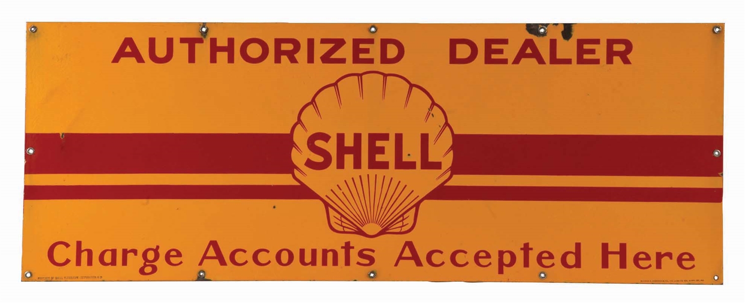 RARE SHELL AUTHORIZED DEALER CHARGE ACCOUNTS ACCEPTED HERE PORCELAIN SIGN. 