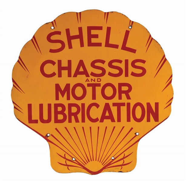 SHELL CHASSIS & MOTOR LUBRICATION DIE-CUT PORCELAIN CURB SIGN.