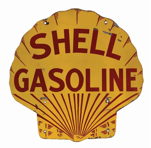 EARLY SHELL GASOLINE DIE-CUT PORCELAIN CURB SIGN.