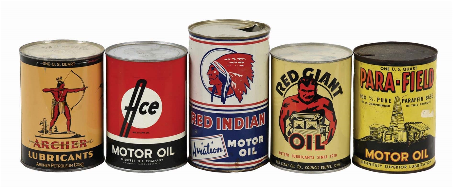 LOT OF 5: ONE QUART OIL CANS FROM RED INDIAN, ARCHER, RED GIANT, ACE & PARAFIELD. 
