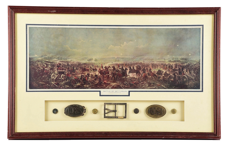 FRAMED GROUPING OF GETTYSBURG RELICS WITH BATTLE LITHOGRAPH.